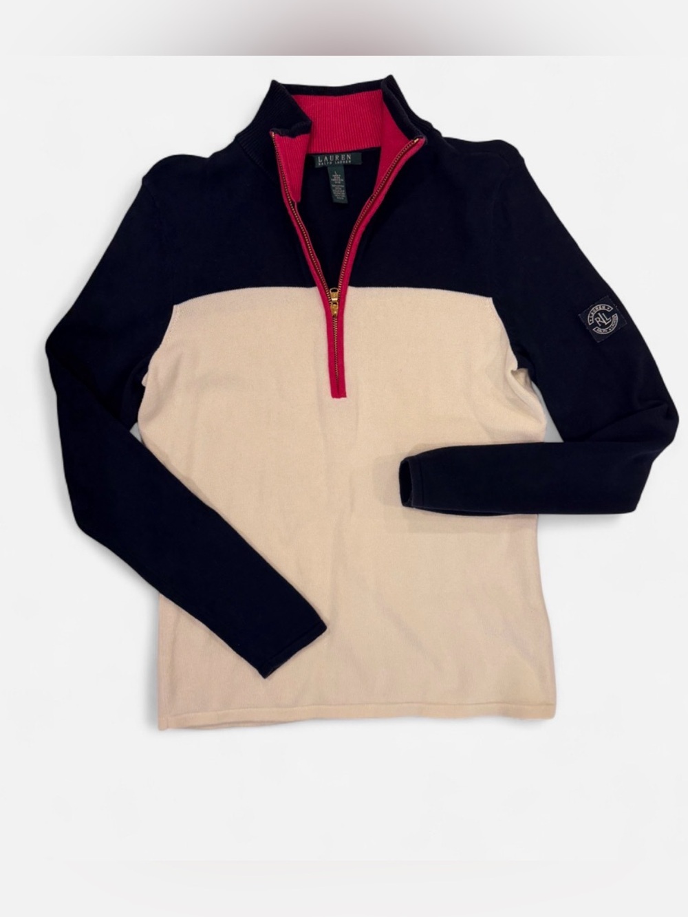Lauren Ralph Lauren Colorblock Cotton Quarter-Zip Sweater Size L